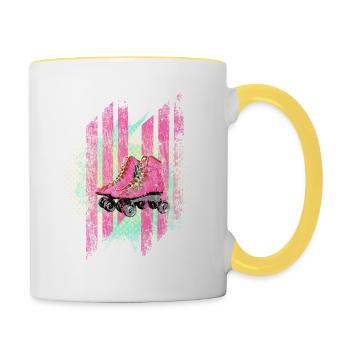 Muster mit Rollschuhe 60er Jahre Farben - Tasse zweifarbig - Weiß/Gelb - Rechts