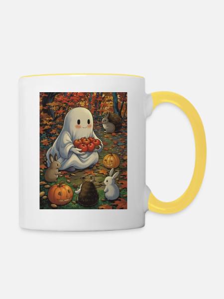 Süßer Halloween Geist im Herbst - Tasse zweifarbig - Weiß/Gelb