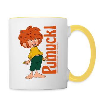 Pumuckl Mit Verschmitztem Lächeln Und Logo - Tasse zweifarbig - Weiß/Gelb - Rechts