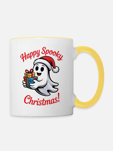 Spukiger Weihnachtsgeist mit Geschenk - Tasse zweifarbig - Weiß/Gelb