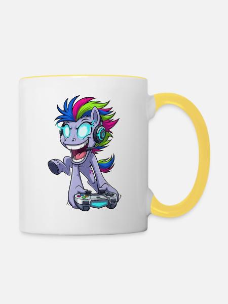 Funkelnder Gaming Pegasus mit Kopfhörer - Tasse zweifarbig - Weiß/Gelb