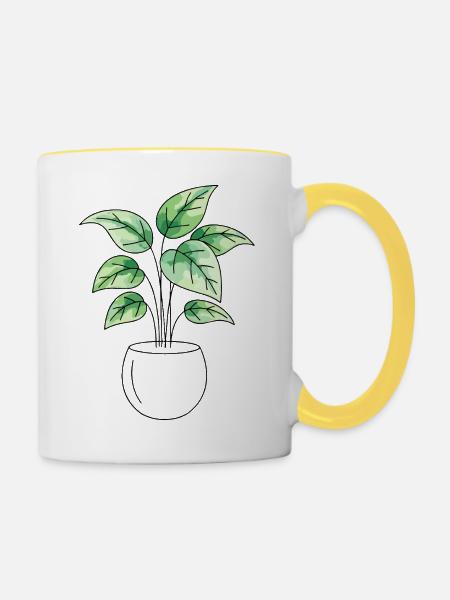 Pflanze mit Aquarell Farben - Tasse zweifarbig - Weiß/Gelb