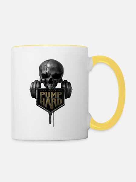 Schädel mit Hantel: Pump Hard - Tasse zweifarbig - Weiß/Gelb