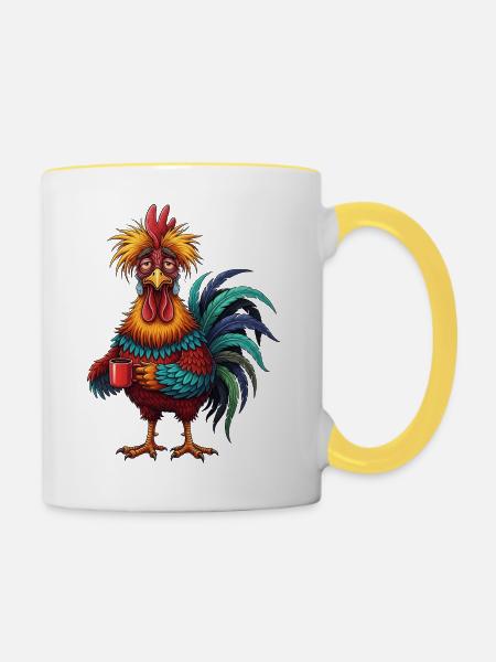 Lebhafter Hahn mit Kaffeetasse - Tasse zweifarbig - Weiß/Gelb