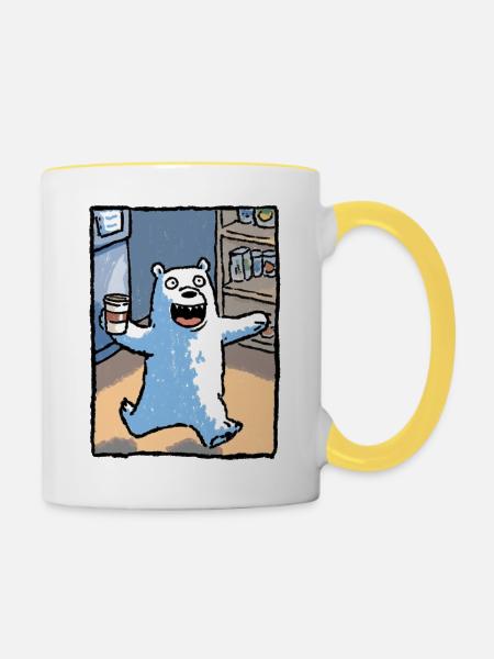 Kaffeebär im Laden - Tasse zweifarbig - Weiß/Gelb