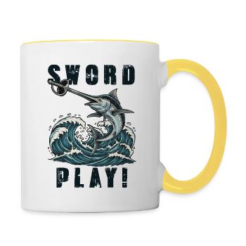 Schwertfisch-Schwertspiel Vintage Humor - Tasse zweifarbig - Weiß/Gelb - Rechts