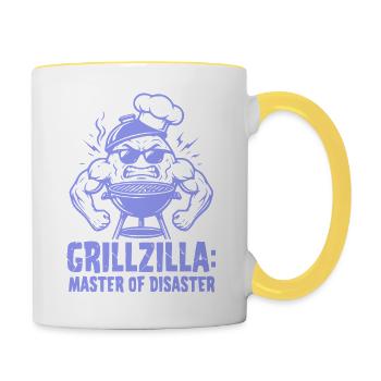 BBQ Grillmeister GRILLZILLA, lustiges BBQ Shirt - Tasse zweifarbig - Weiß/Gelb - Rechts