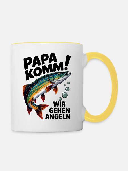 Papa Komm! Angelabenteuer Fischdesign - Tasse zweifarbig - Weiß/Gelb