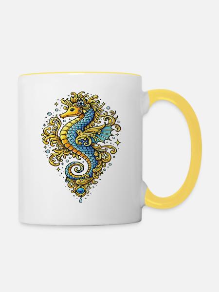 Blau-Gold-Barock-Seepferdchen – Marine-Illustration - Tasse zweifarbig - Weiß/Gelb