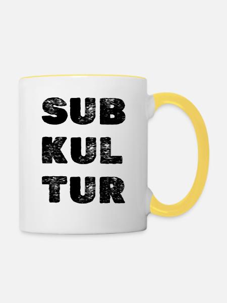 SUBKULTUR Logo – Minimal Techno Identity - Tasse zweifarbig - Weiß/Gelb