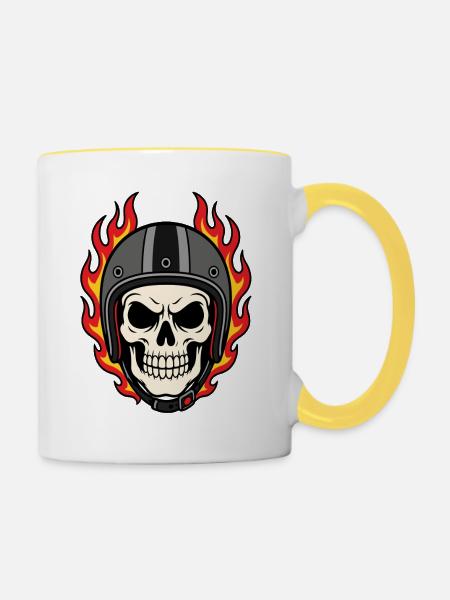 Flammender Totenkopf mit Motorradhelm - Tasse zweifarbig - Weiß/Gelb