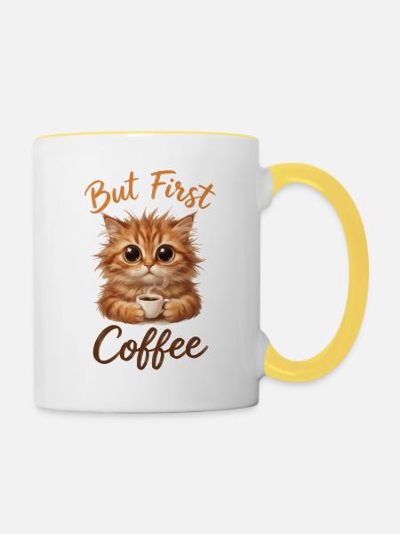 But First Coffee Katze - Tasse zweifarbig - Weiß/Gelb