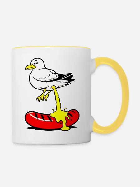 Bratwurst mit Senf, Vogel - Tasse zweifarbig - Weiß/Gelb