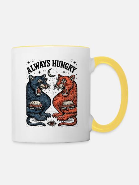 Immer Hungrig Katzenduo mit Burger - Tasse zweifarbig - Weiß/Gelb
