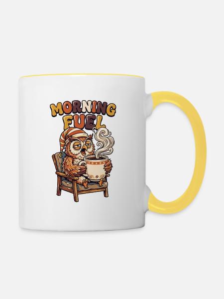 Müde Eule mit Kaffee - Tasse zweifarbig - Weiß/Gelb