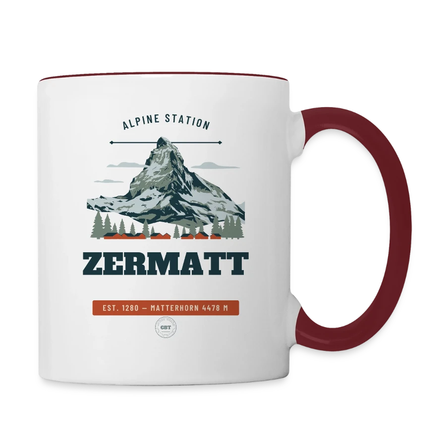 Zermatt badge on a contrasting mug, white/maroon