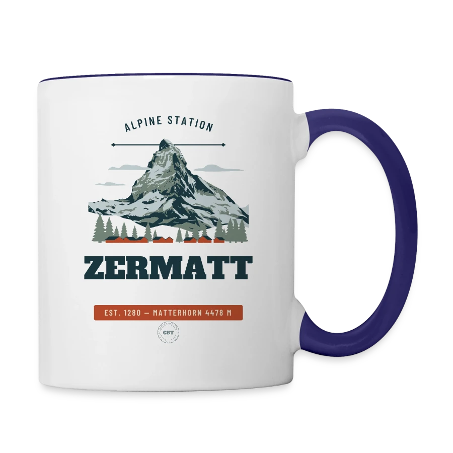 Zermatt badge on a contrasting mug, white/cobalt blue