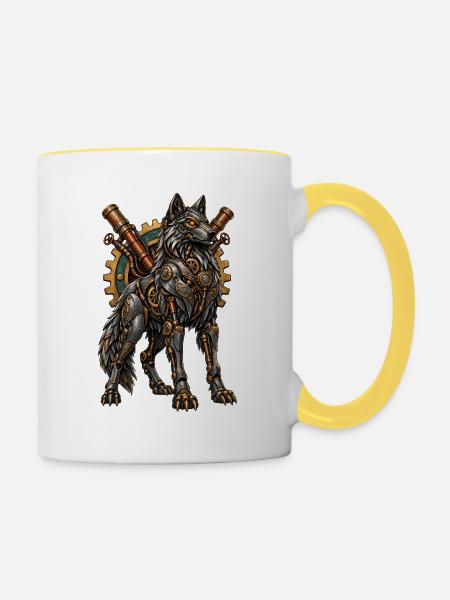 Steampunk-Wolf mit Zahnrädern - Tasse zweifarbig - Weiß/Gelb