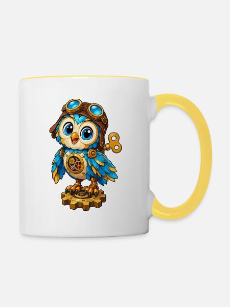 Steampunk-Eule mit Zahnrädern - Tasse zweifarbig - Weiß/Gelb