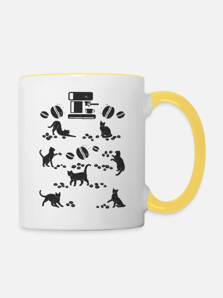 Kaffee Katze, -Espressomaschine -, Kaffeebohnen - Tasse zweifarbig - Weiß/Gelb