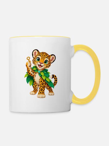 Jungle Leopardenkind mit Blattkrone - Tasse zweifarbig - Weiß/Gelb