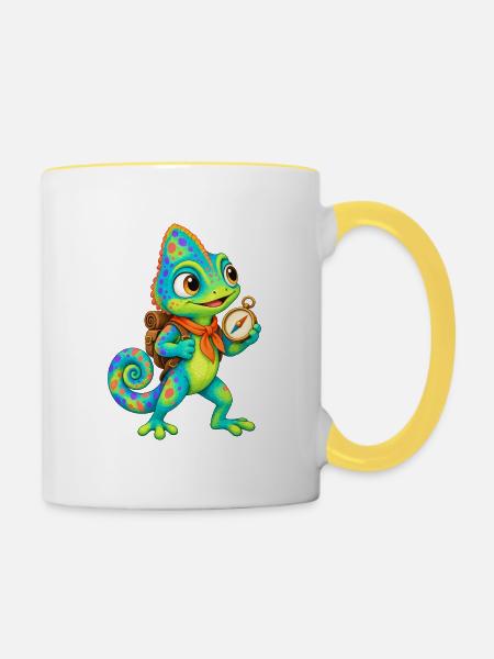 Kompass-Chamäleon mit Rucksack - Tasse zweifarbig - Weiß/Gelb