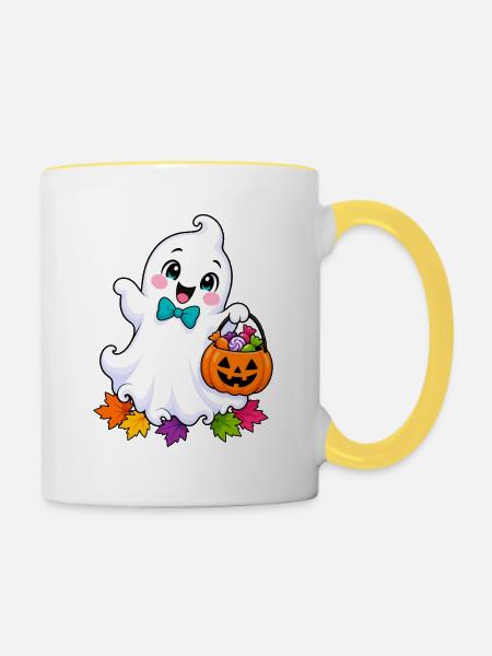 Kleiner Halloween Geist mit Kürbiskorb - Tasse zweifarbig - Weiß/Gelb