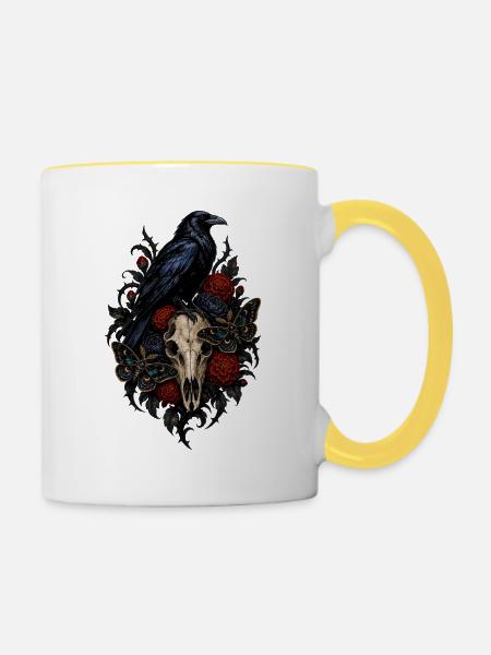 Rabe mit Schädel und Nachtblumen - Tasse zweifarbig - Weiß/Gelb
