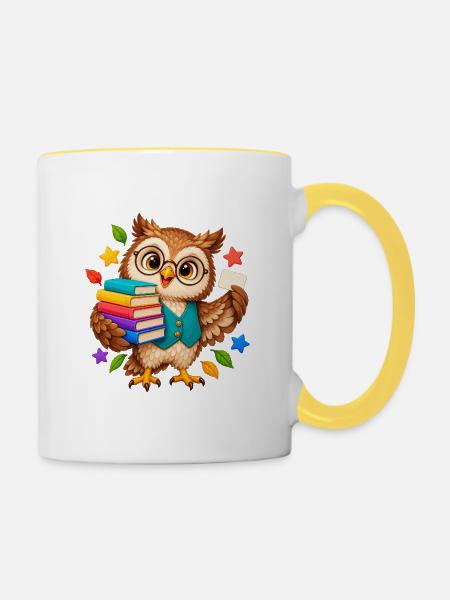 Lernende Eule mit Büchern - Tasse zweifarbig - Weiß/Gelb