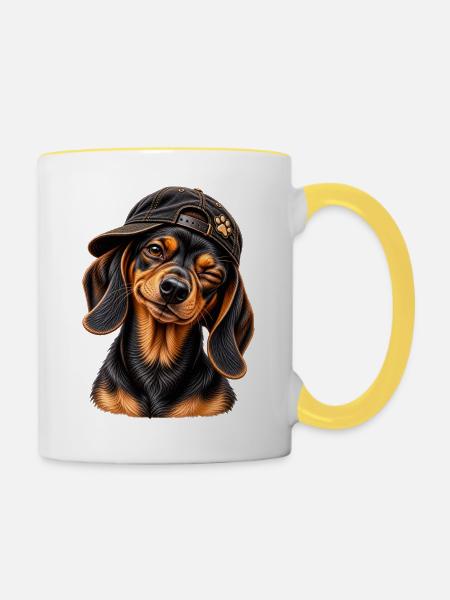 Frecher Dackel – Kleiner Charmeur - Tasse zweifarbig - Weiß/Gelb