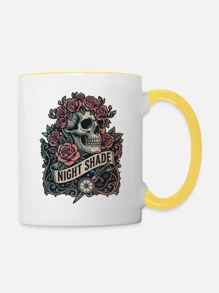 Nachtschatten-Schädel mit Nachtrosen - Tasse zweifarbig - Weiß/Gelb