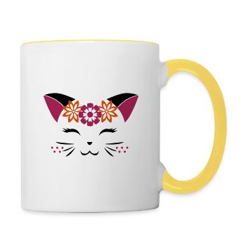 visage de chat - Mug contrasté - blanc/jaune - Droite