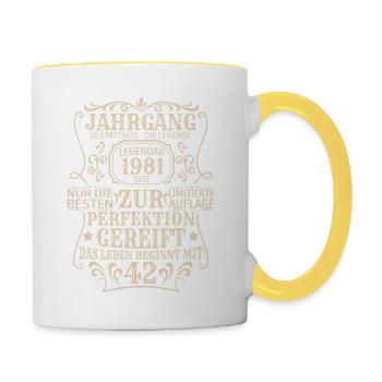 Geburtstagsgeschenk Geboren 1981 42 Jahre - Tasse zweifarbig - Weiß/Gelb - Rechts