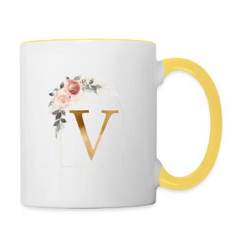 Personalisierbar Monogramm V Blumen Bogen - Tasse zweifarbig - Weiß/Gelb - Rechts