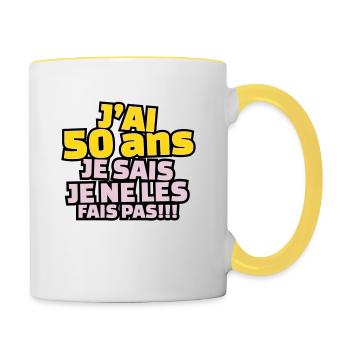 j'ai 50 ans je sais le ne les fais pas. - Mug contrasté - blanc/jaune - Droite