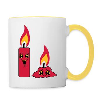 2 kerzen team paar lustig traurig abgebrannt comic - Tasse zweifarbig - Weiß/Gelb - Rechts