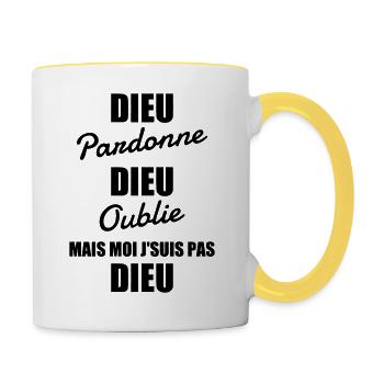 Dieu pardonne - Humour - Drôle - Blague - Fun - Mug contrasté - blanc/jaune - Droite