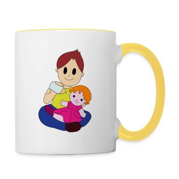 Garçon avec la poupée - Mug contrasté - blanc/jaune - Droite