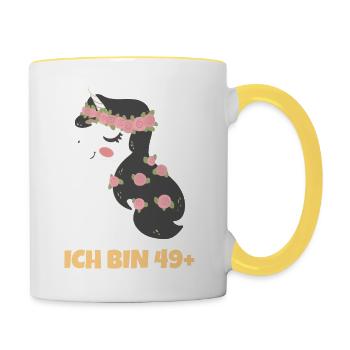 Ich bin 49+ - 50. Geburtstag Frauen Damen Alpaka - Tasse zweifarbig - Weiß/Gelb - Rechts