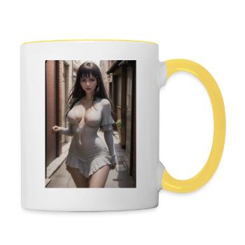 Woman in a alley, town,Generated AI - Tasse zweifarbig - Weiß/Gelb - Rechts