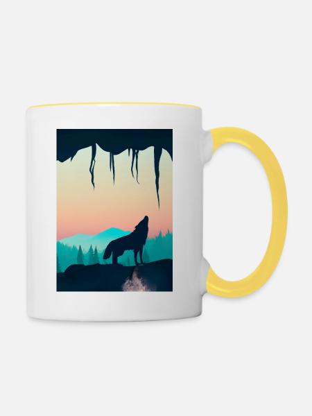 Wolf bei Nacht - Tasse zweifarbig - Weiß/Gelb