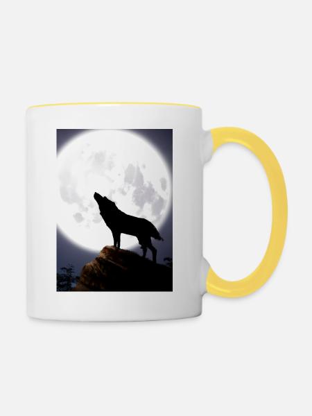 Wolf bei Nacht - Tasse zweifarbig - Weiß/Gelb