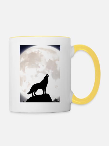 Wolf bei Nacht - Tasse zweifarbig - Weiß/Gelb