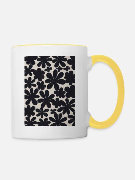 Schwarze Blumen-Muster - Tasse zweifarbig - Weiß/Gelb