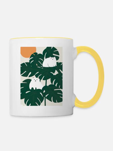 Katzen auf Leafs - Tasse zweifarbig - Weiß/Gelb