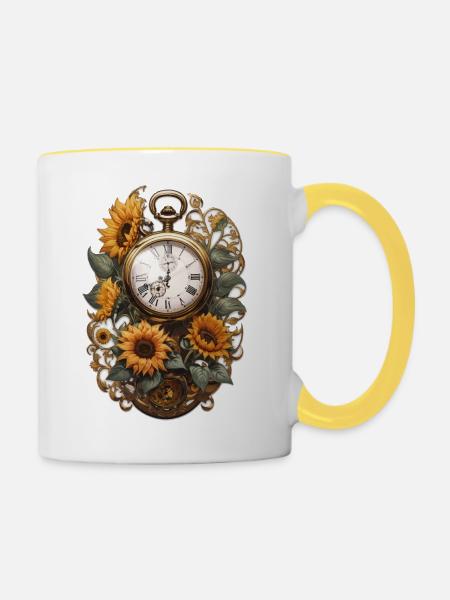Uhr mit Sonnenblumen - Tasse zweifarbig - Weiß/Gelb