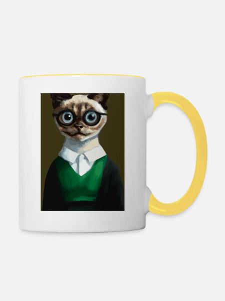 Nerd-Katze - Tasse zweifarbig - Weiß/Gelb