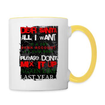 Lustige Dinge, die Paintballer sagen, lieber Weihnachtsmann - Tasse zweifarbig - Weiß/Gelb - Rechts