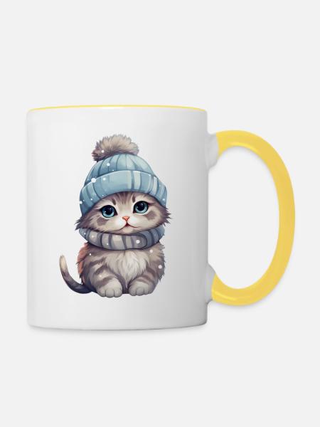 Winter Katze - Tasse zweifarbig - Weiß/Gelb