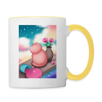 Katze und Sterne - Tasse zweifarbig - Weiß/Gelb - Rechts
